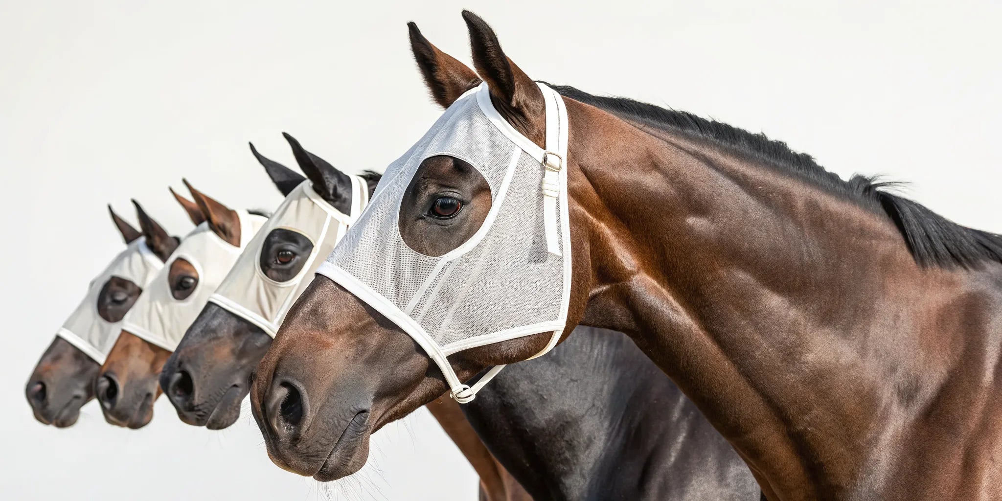 Four horses wearing 95% UV fly masks for protection from sun and flies.