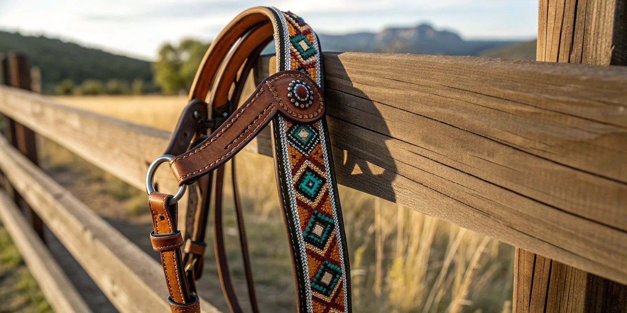 A dark leather western headstall featuring colorful geometric beadwork.