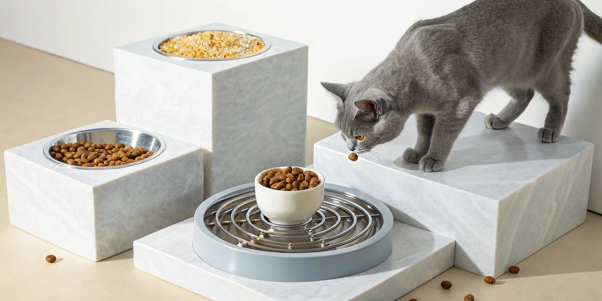 Cat eating from a puzzle feeder for fast eaters.