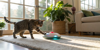 A cat playing with an electronic interactive toy to relieve boredom.