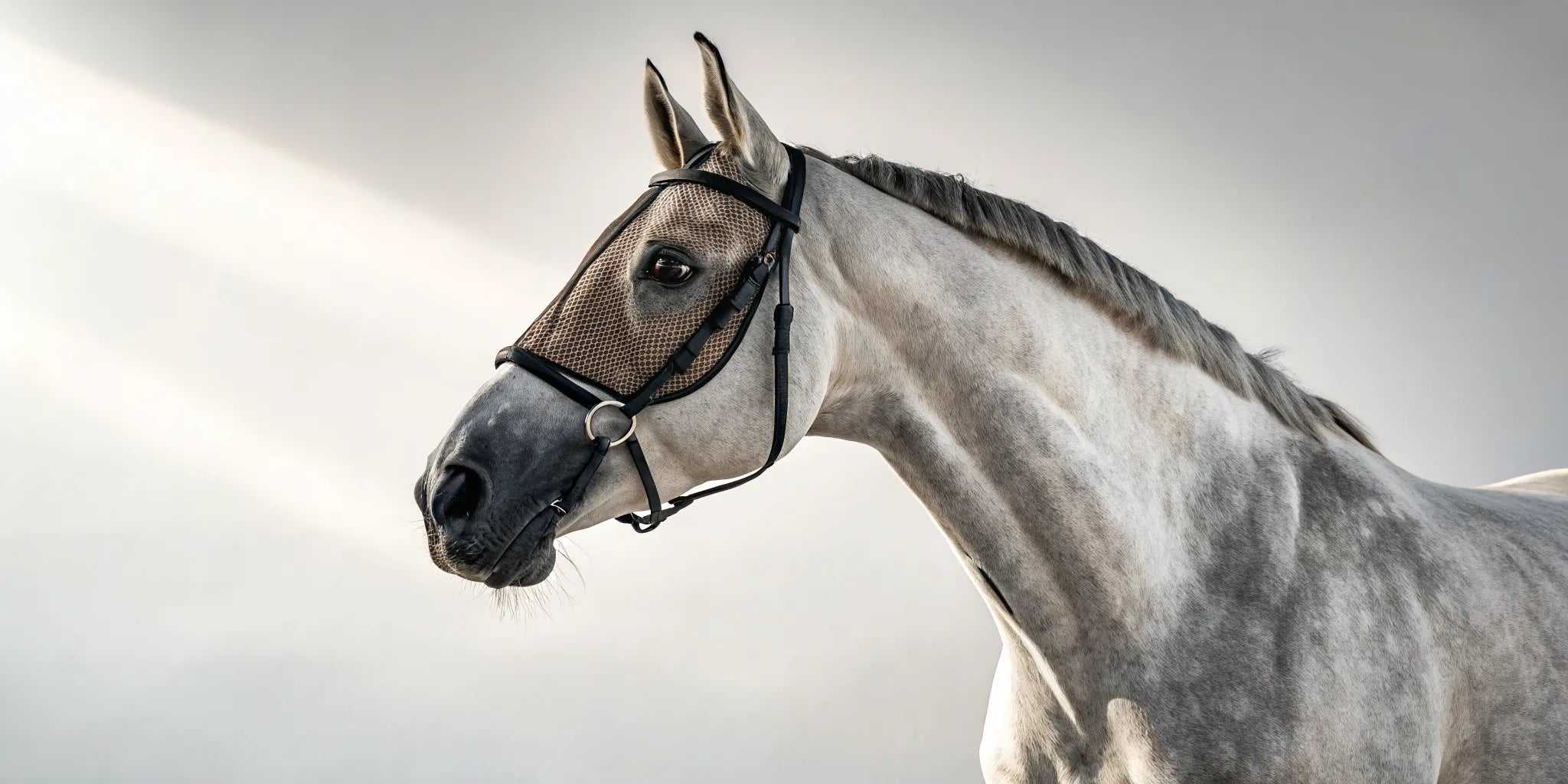 Gray horse wearing one of the best fly masks for UV protection.
