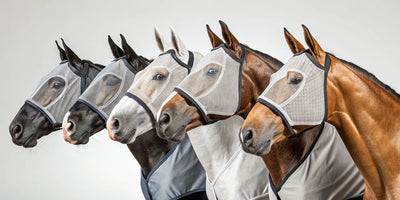 A horse wearing a fly mask with 90 UV protection.