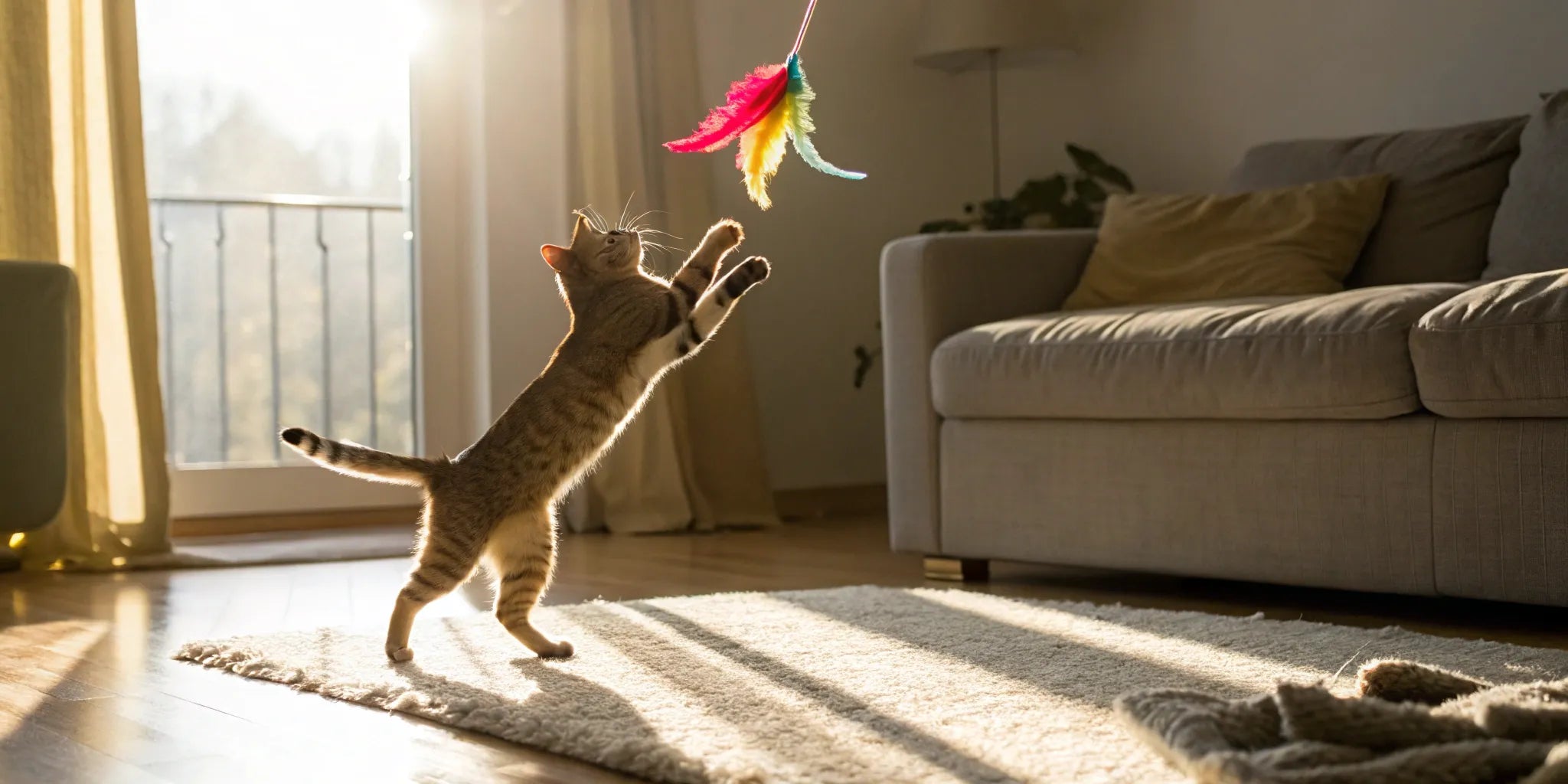 A tabby cat jumps for a feather wand, an interactive toy for bored cats.