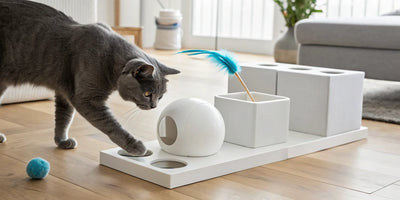 A gray cat plays with interactive cat toys with same-day shipping, including a puzzle feeder.