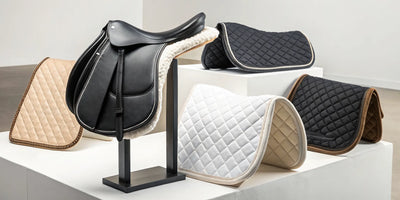 A black saddle and a variety of orthopedic saddle pads for horses.