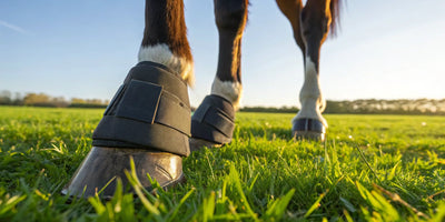 A horse wearing a pair of the best overreach bell boots for protection.