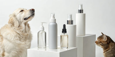 A dog and cat with pet ear cleaner bottles available for fast shipping.