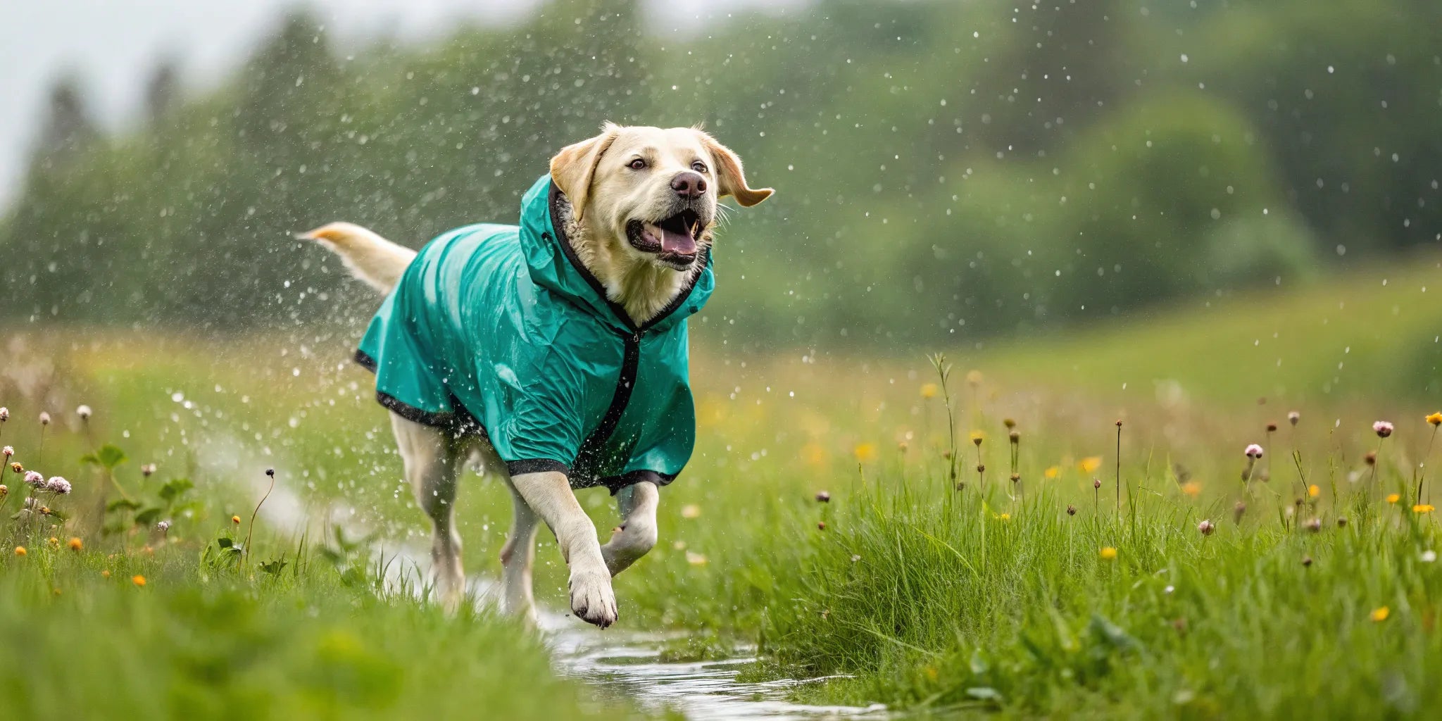 Yellow labrador in a waterproof dog coat runs through a rainy field.
