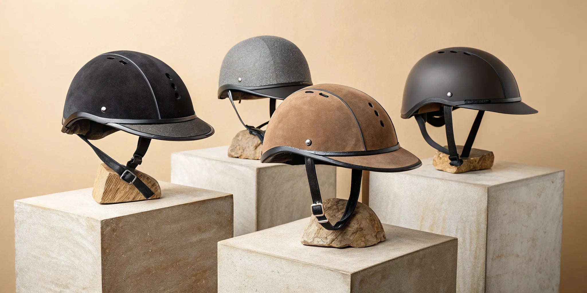 A selection of western riding helmets with brims in various colors and styles.