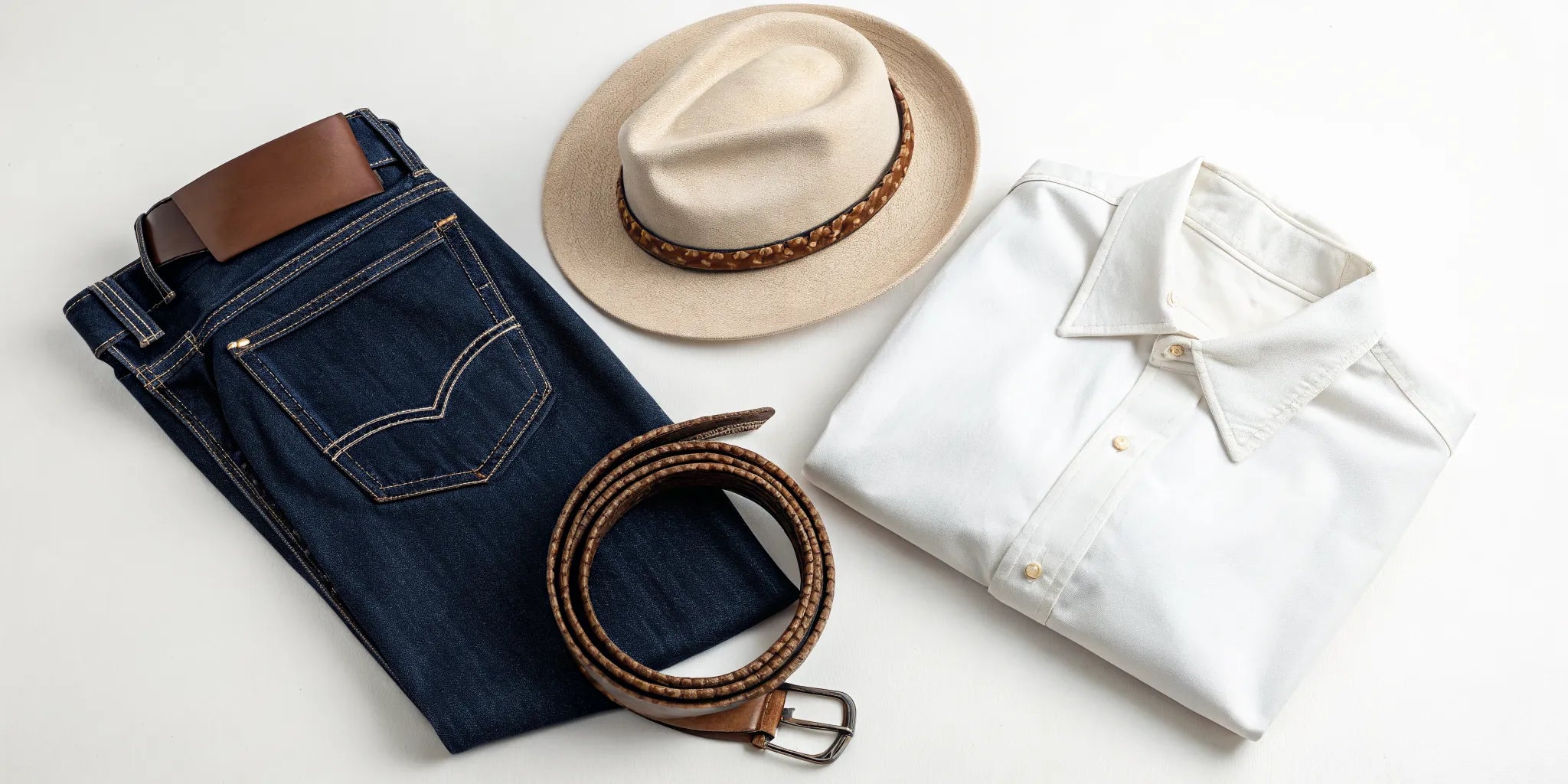 Essential western horse riding outfit with a white shirt, dark jeans, brown belt, and felt hat.