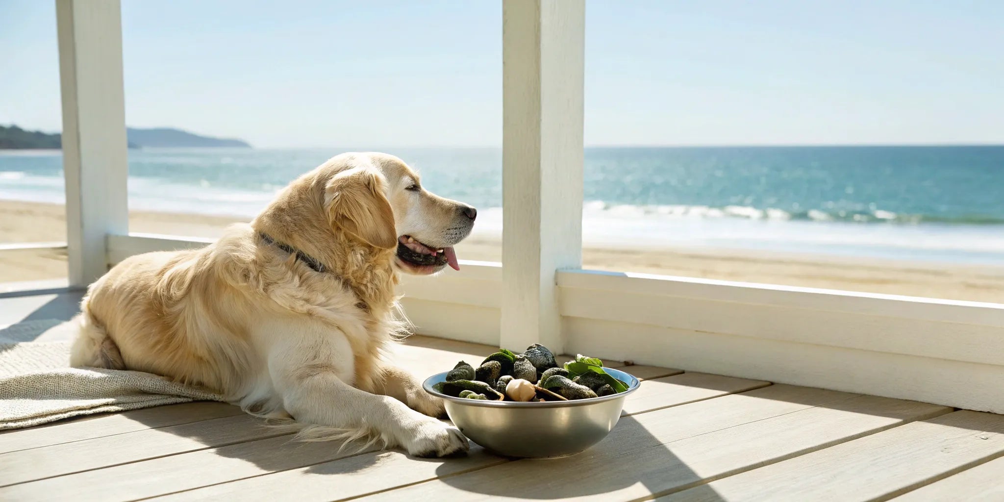 Golden retriever enjoying the benefits of green lipped mussels for dogs.