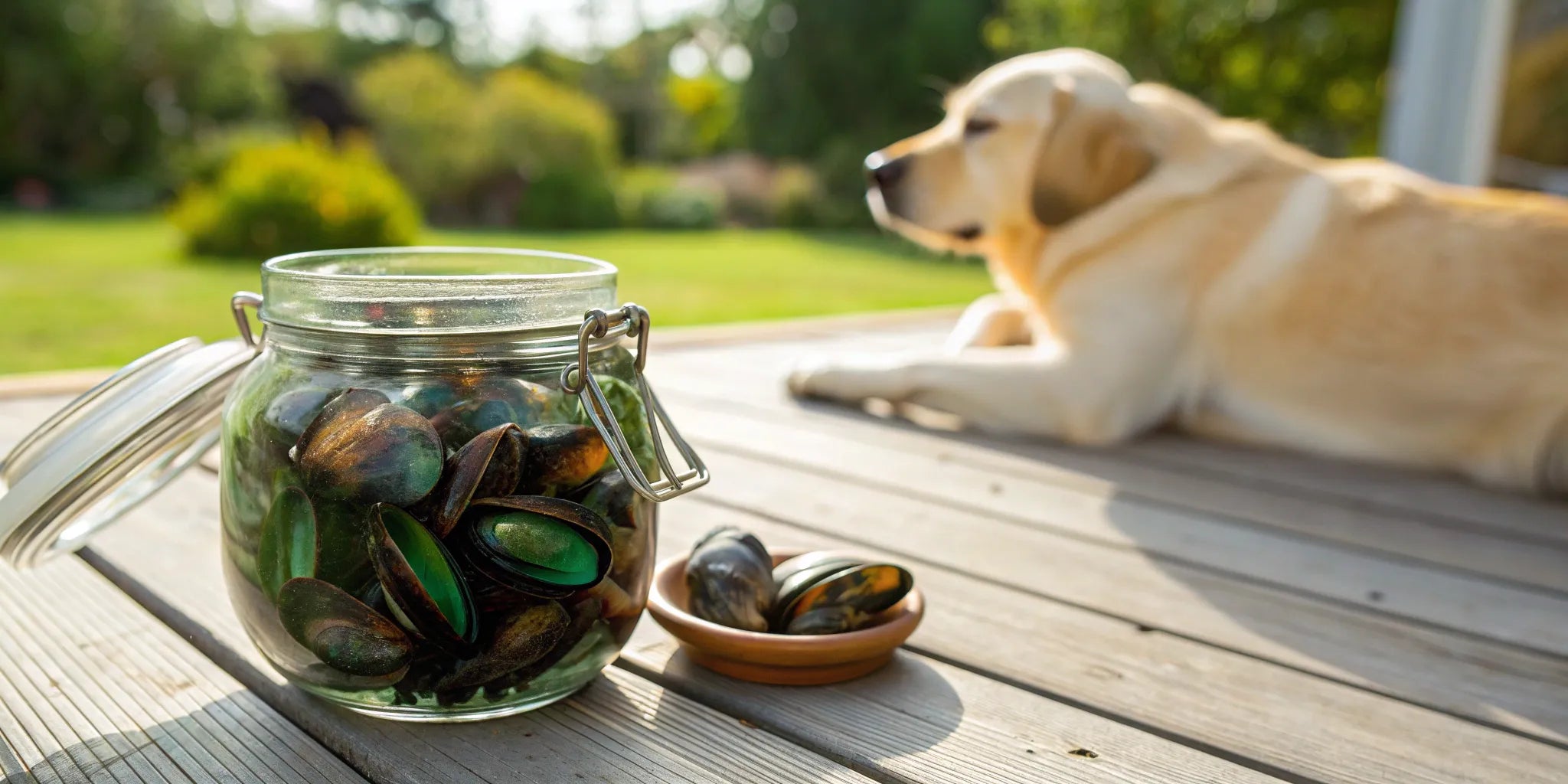 A jar of green lipped mussel supplements for joint benefits, with a dog in the background.