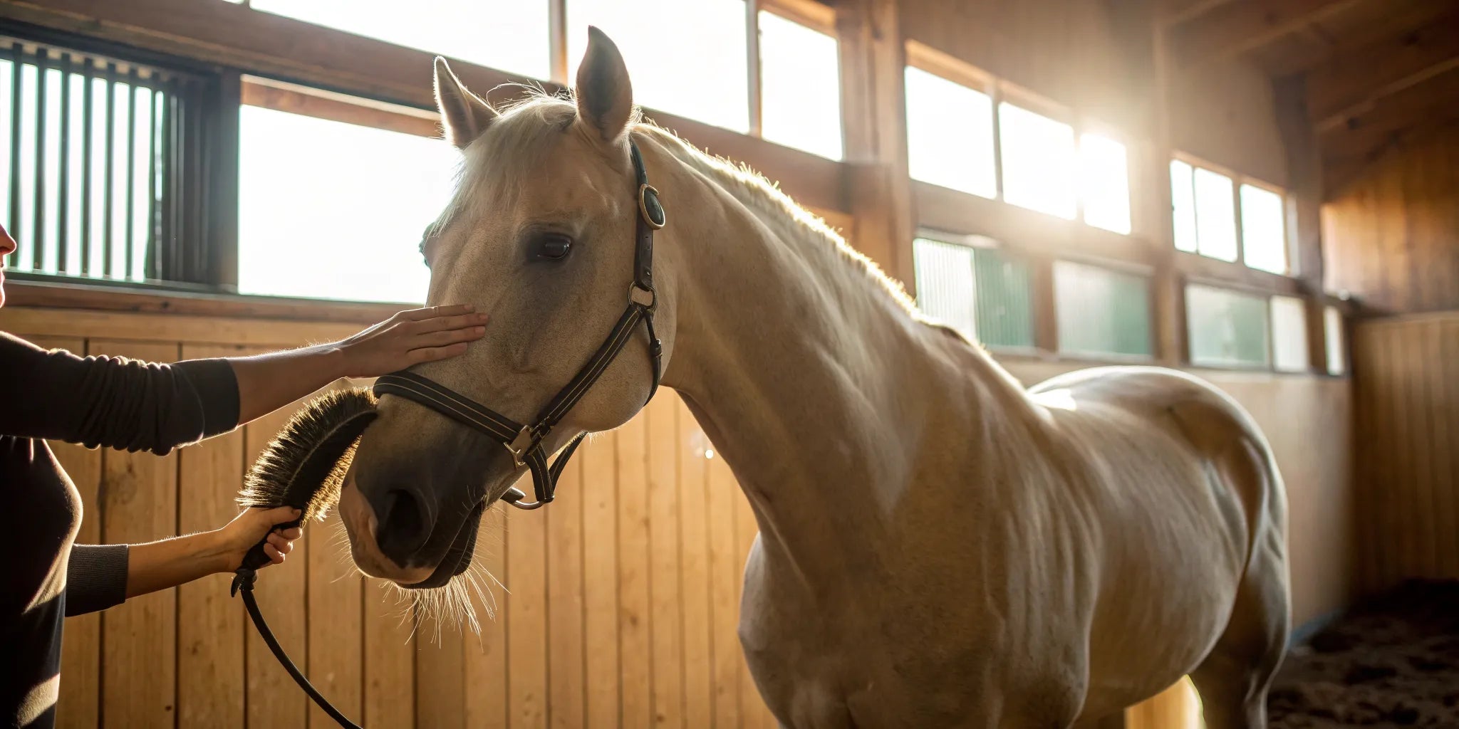 A person using one of several horse grooming brushes to clean a horse's coat.