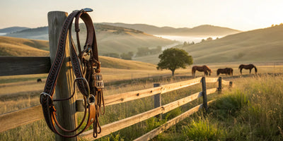 A western horse headstall on a fence with horses in the background.