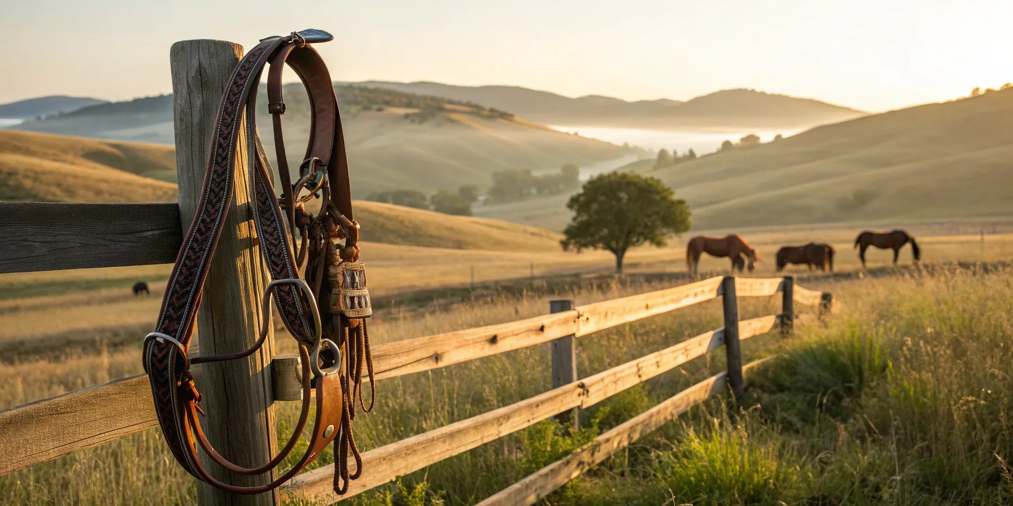 A western horse headstall on a fence with horses in the background.
