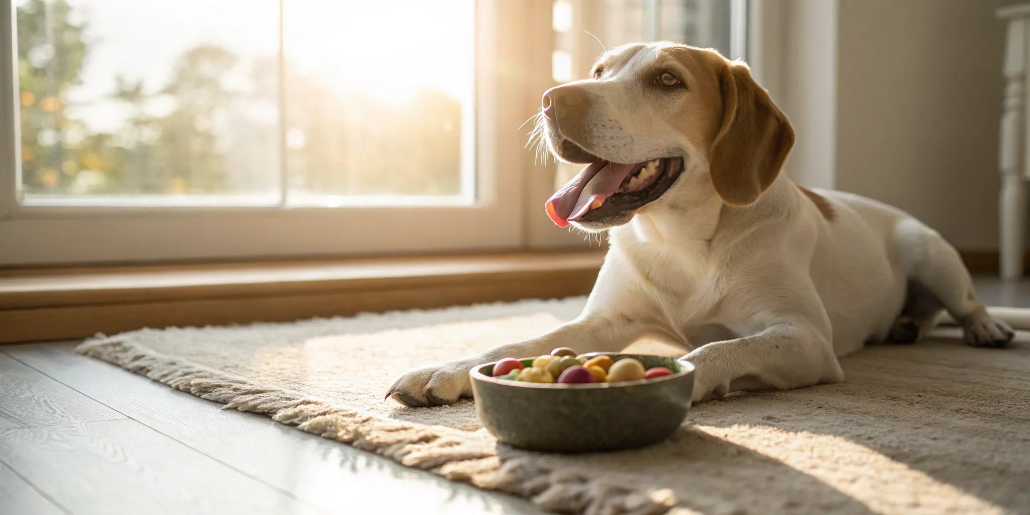 A happy dog with its food bowl containing vet recommended probiotics for dogs with allergies.
