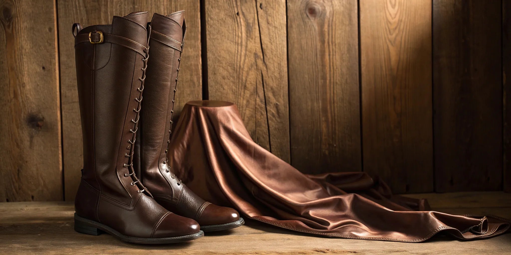 A pair of chocolate brown riding boots with laces and a buckle.