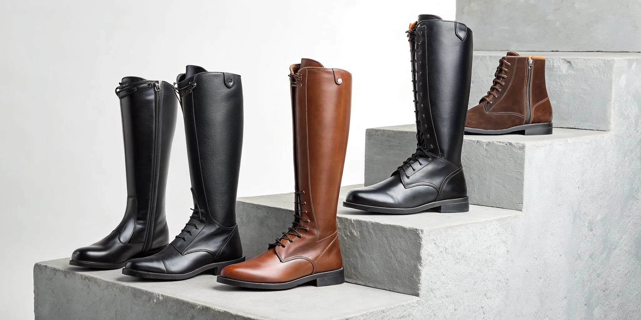 The best men's horse riding boots in various styles of black and brown leather.