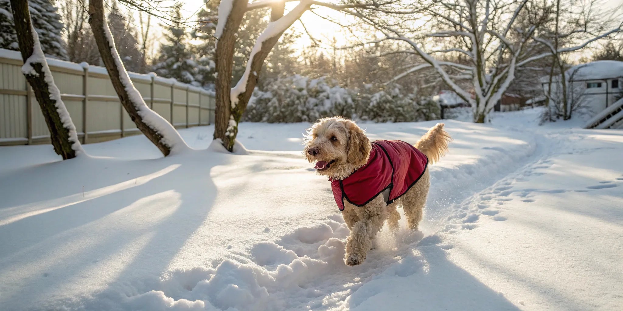 Dog wearing a waterproof winter coat stays warm and dry in the snow.