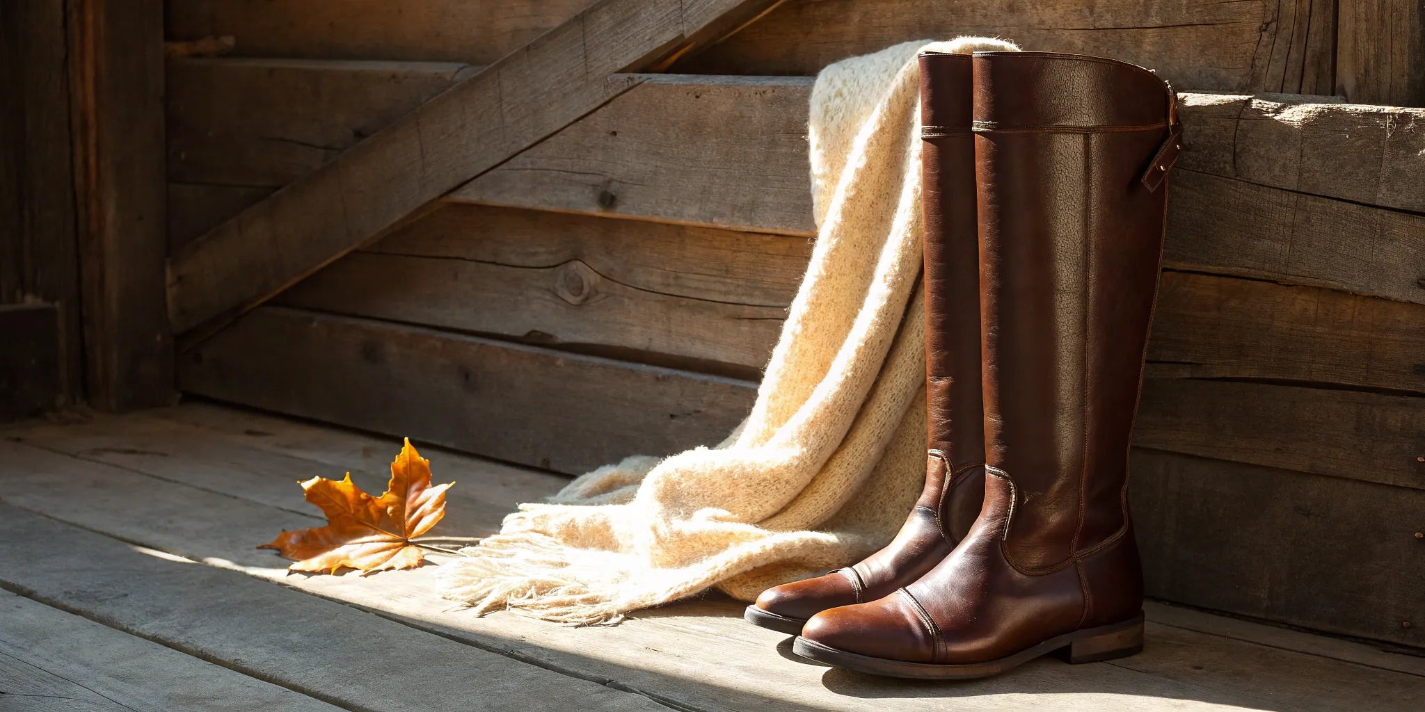 Stylish brown knee-high riding boots resting on a wooden floor next to a knit blanket.