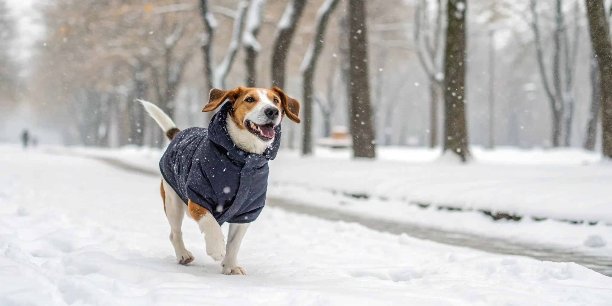 A dog wearing one of the best dog jackets for winter in a snowy park.