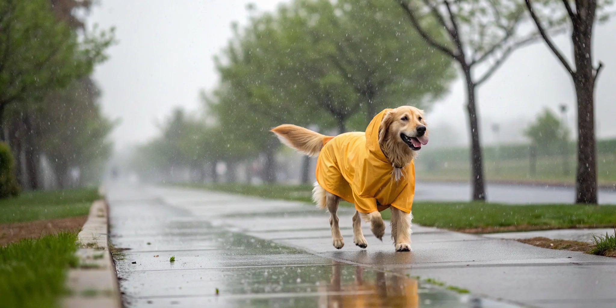 Golden retriever in a yellow full coverage dog raincoat walking in the rain.