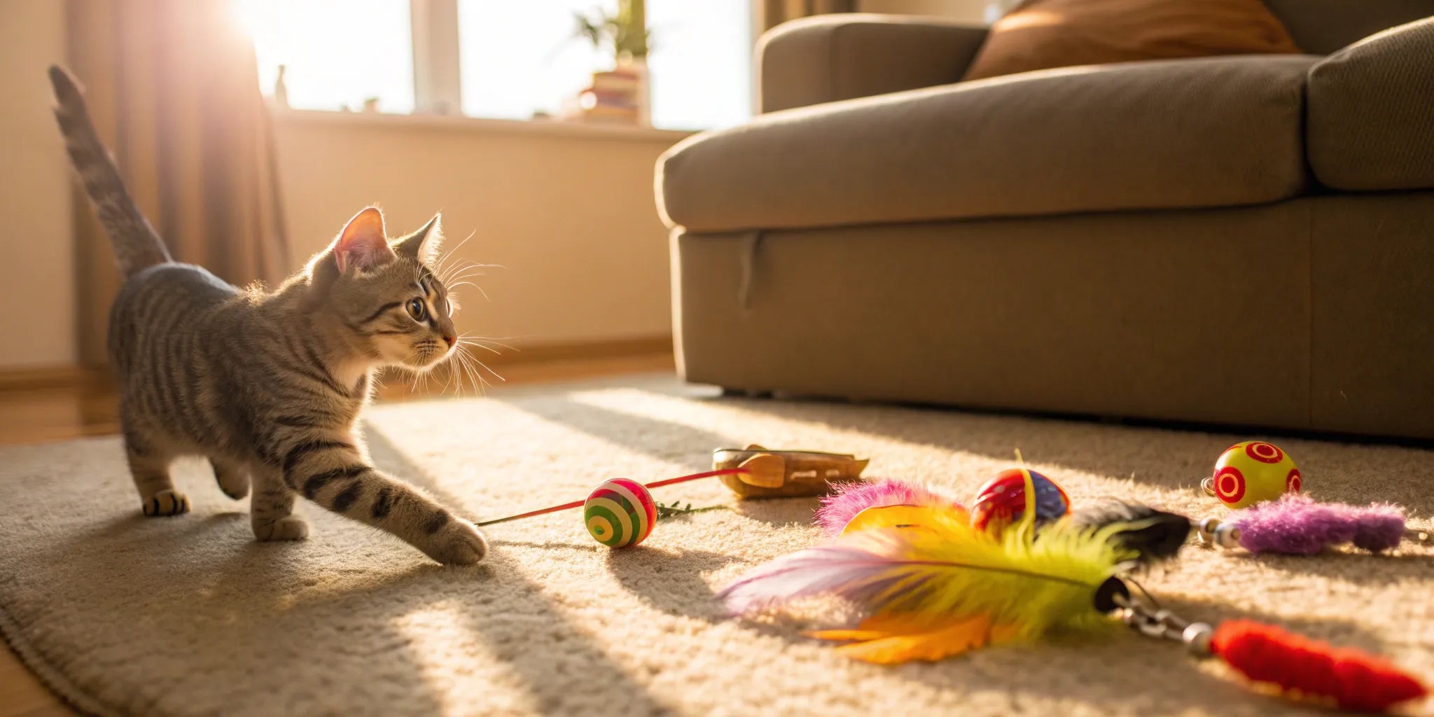 Tabby cat playing with interactive cat toys.