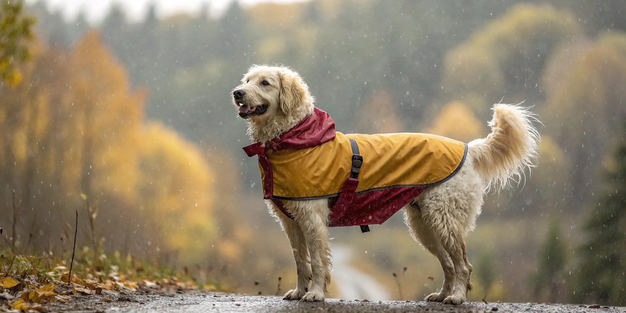 A dog wearing a warm, waterproof coat stays dry while walking in the rain.