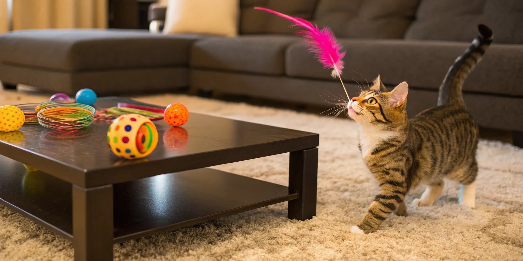 A tabby cat plays with top rated interactive cat toys, including a feather wand.