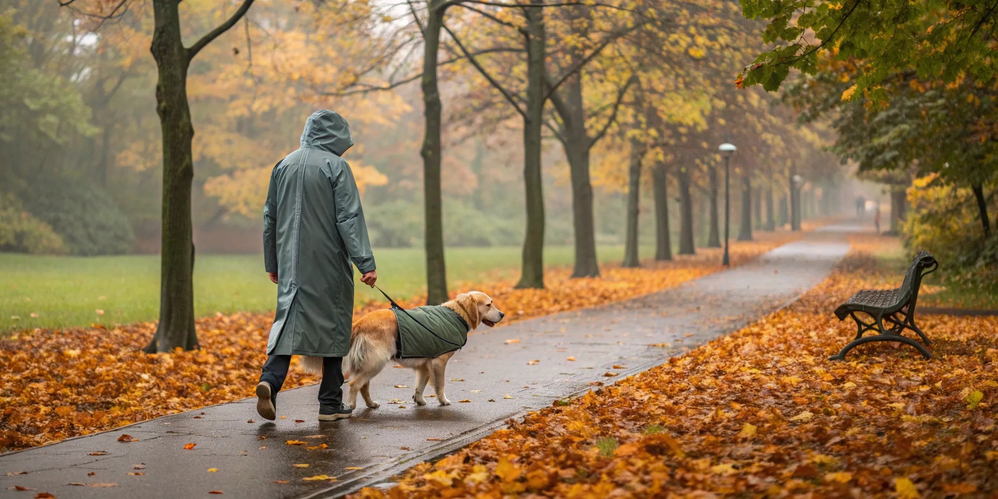 A dog stays dry on a walk in one of the best rain jackets for dog walking.