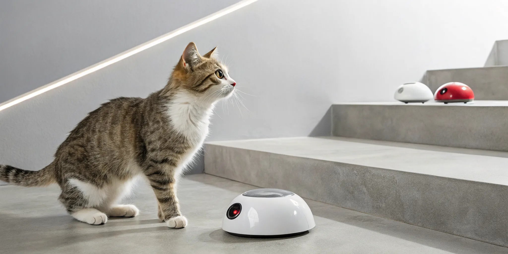A cat tests out a collection of electronic toys from our cat toy reviews.