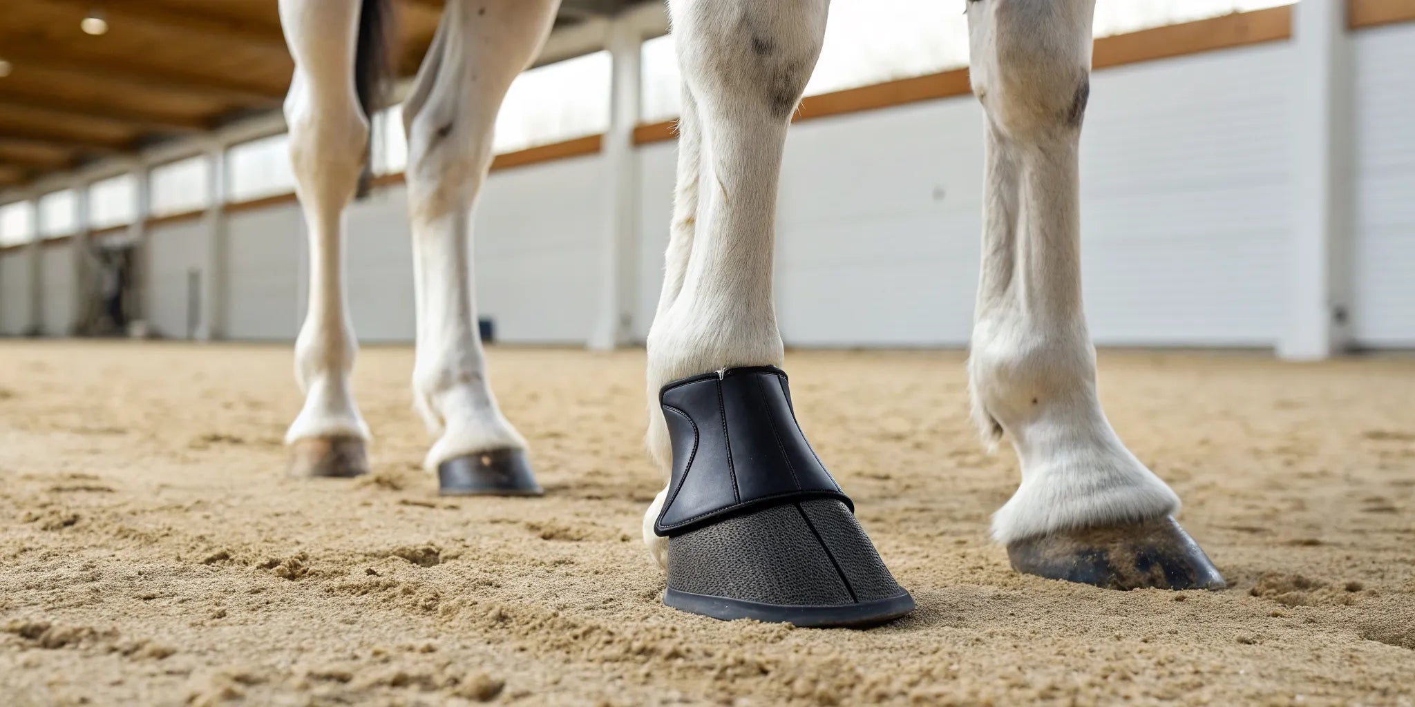Close-up of a horse's hooves wearing black bell boots for sale.