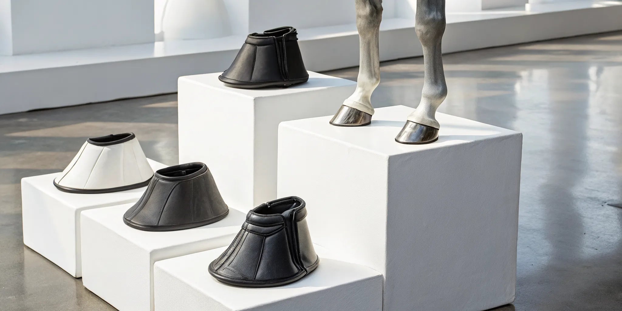 Black and white over reach boots for horse protection, available on clearance.
