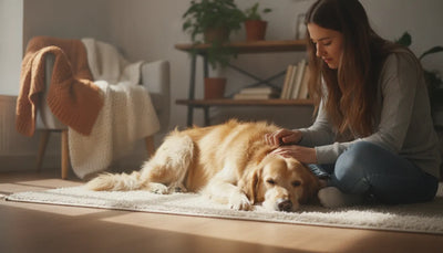 Owner gently comforting a golden retriever at home