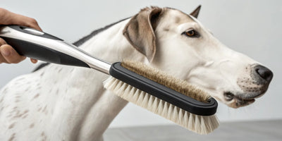 Grooming a dog with a gentle horse brush.