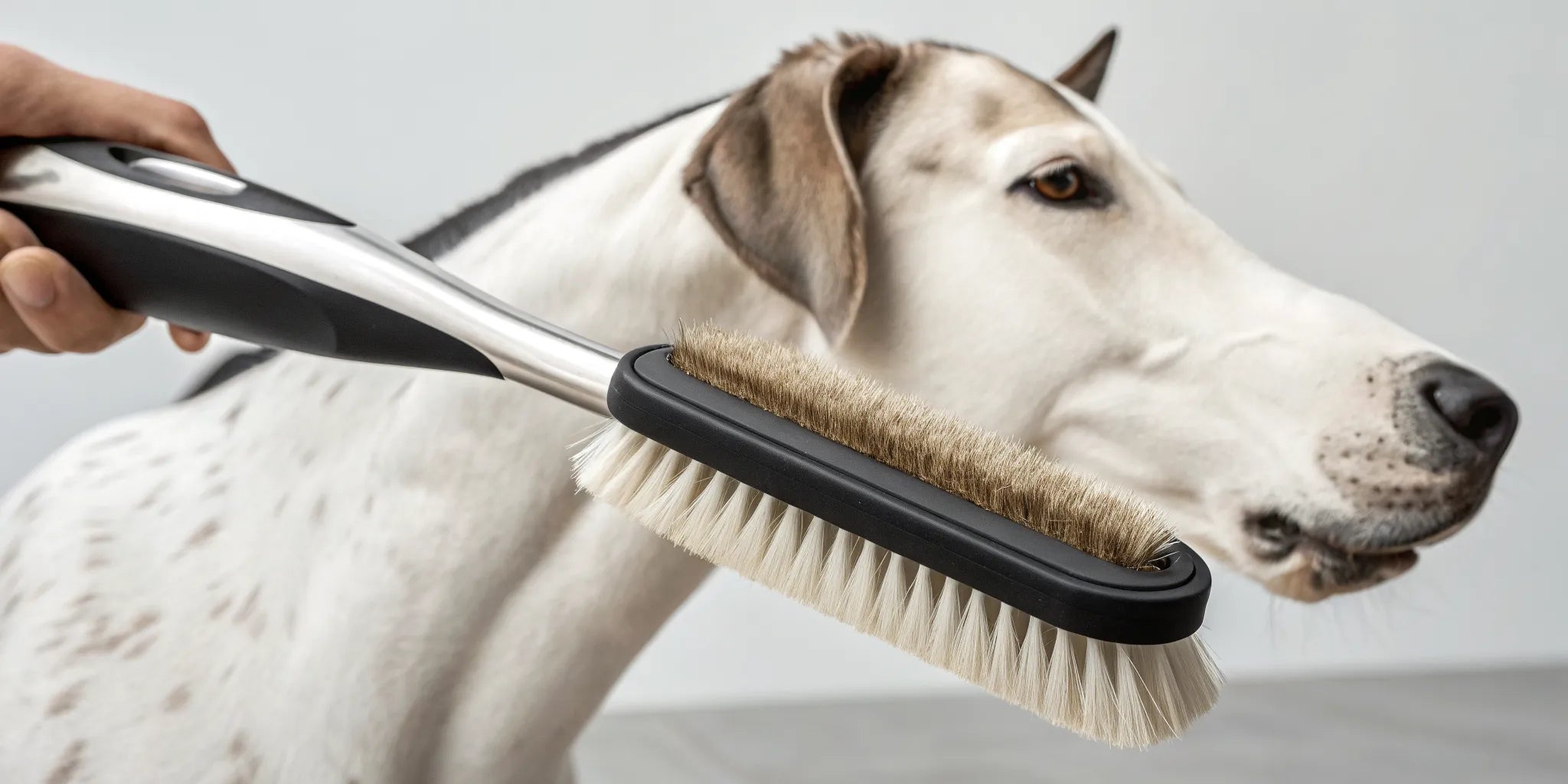Grooming a dog with a gentle horse brush.
