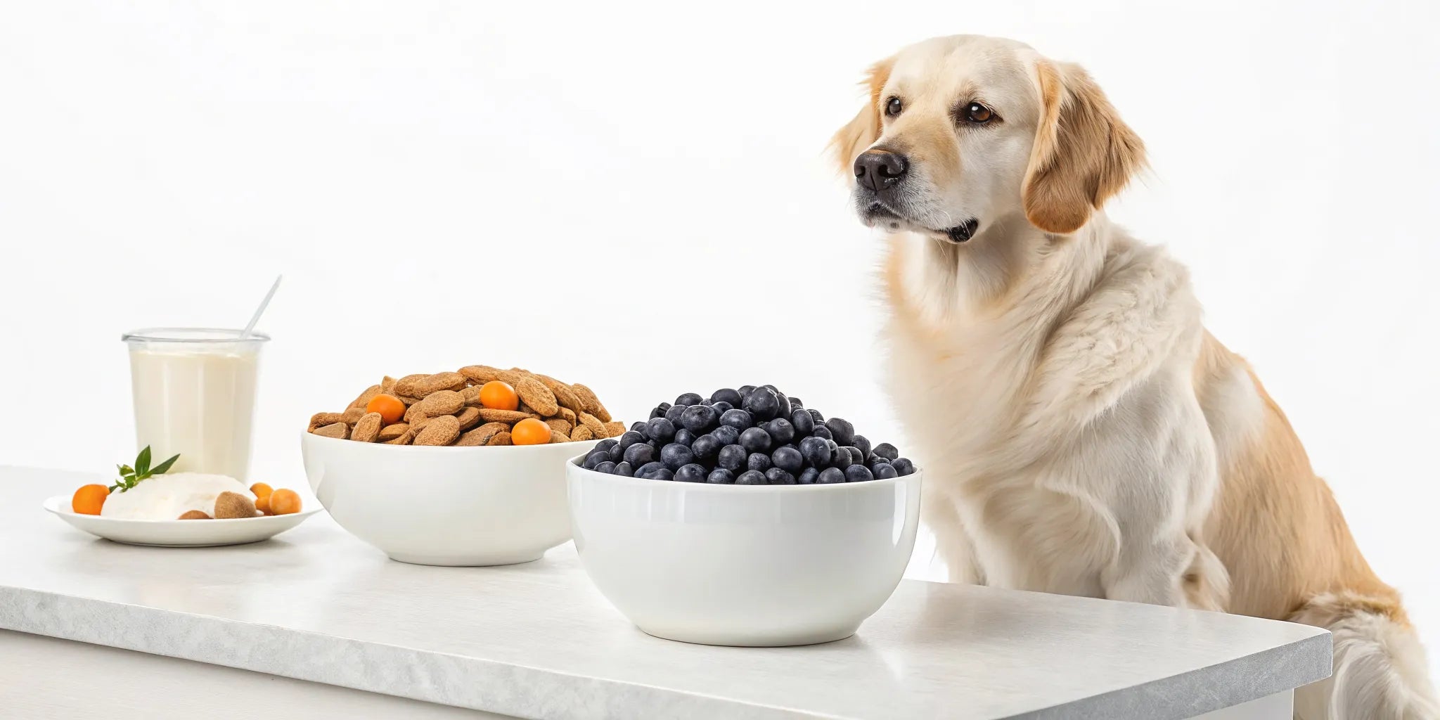 Golden retriever with bowls of natural probiotic food for dogs, including yogurt and blueberries.