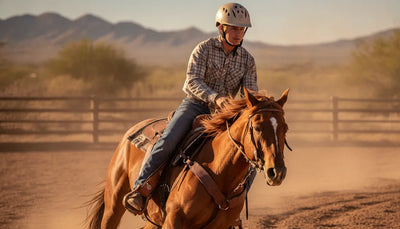 Western rider in a ventilated riding helmet and low profile western helmet design