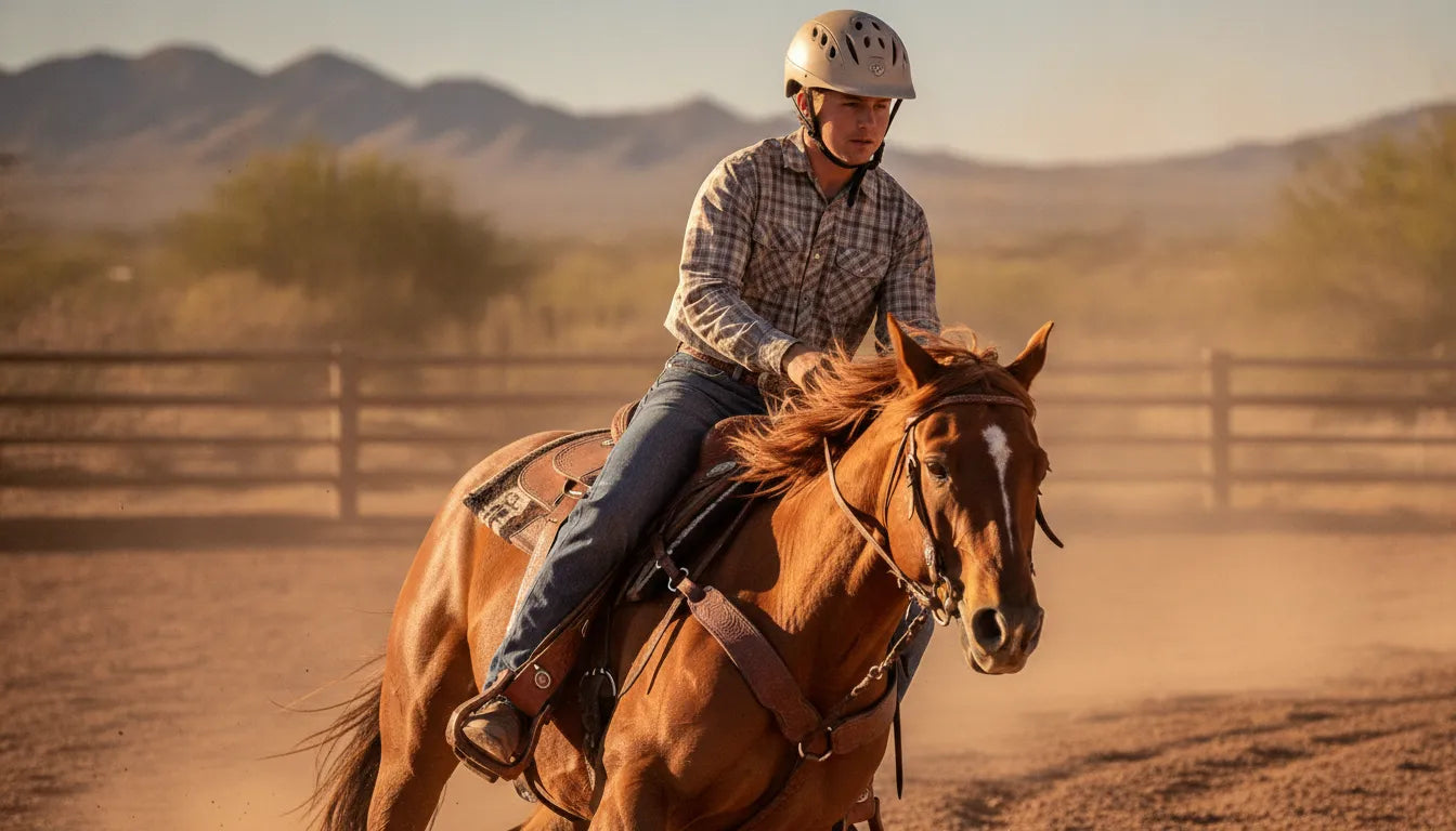 Western rider in a ventilated riding helmet and low profile western helmet design
