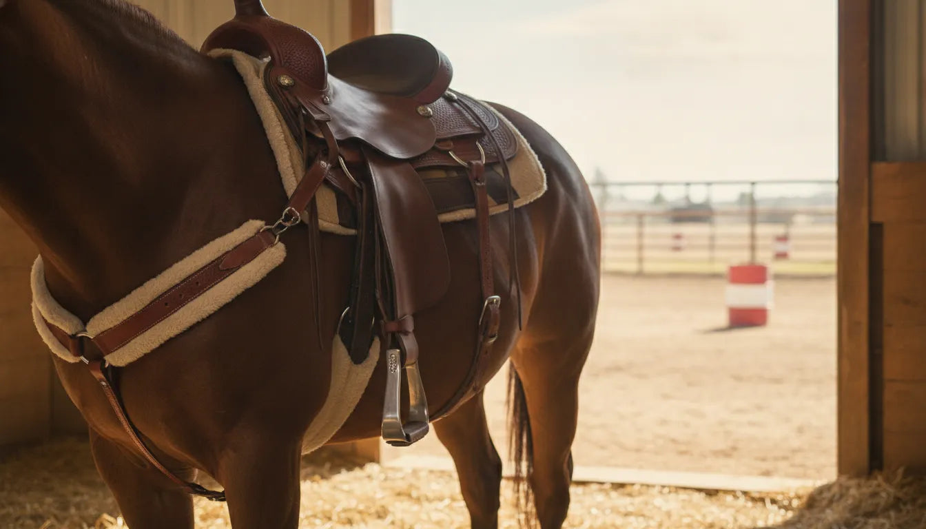 Western saddle and breathable cinch fitted on a calm bay horse in a barn
