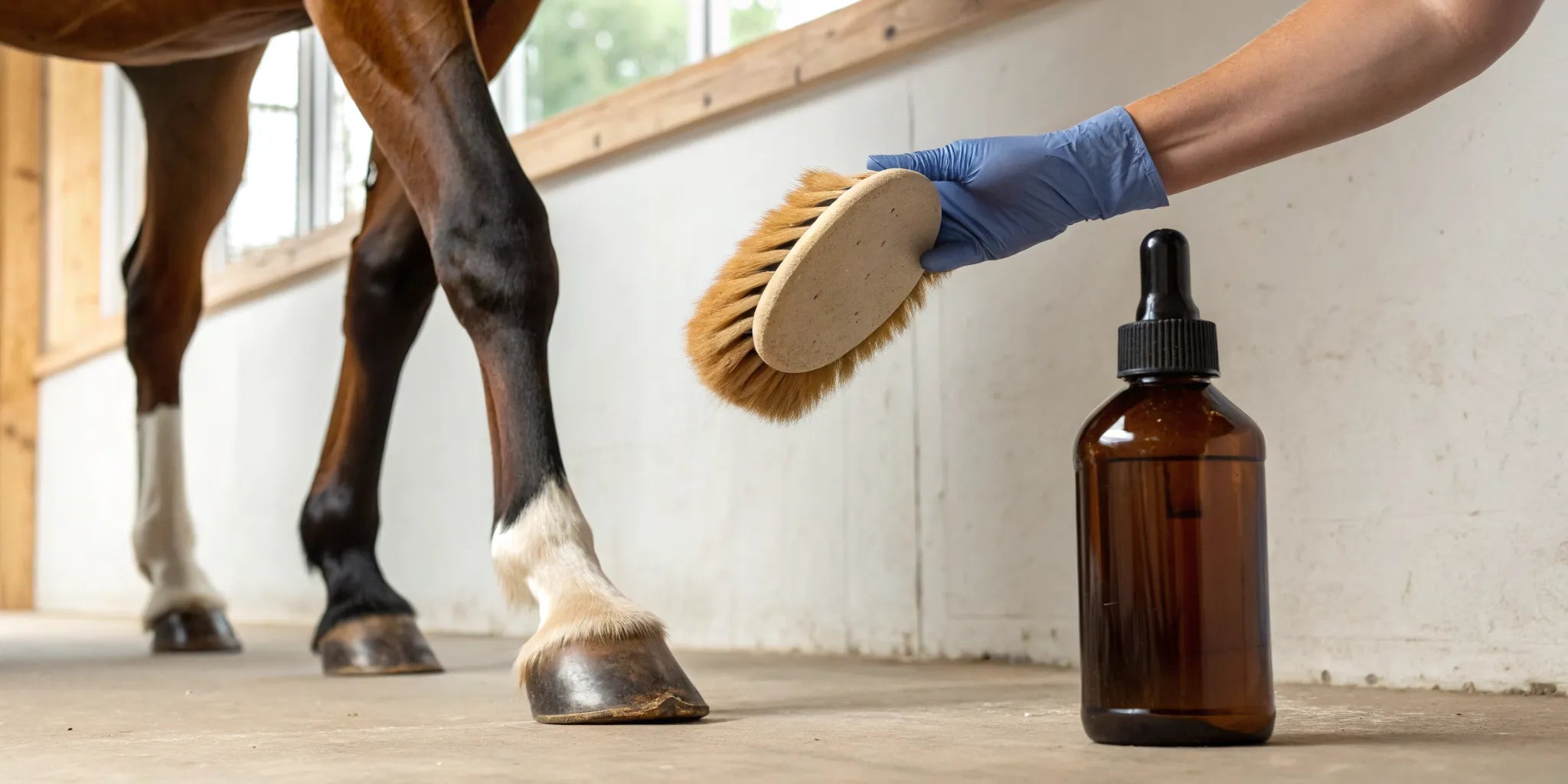 Applying Sound Hoof Conditioner to a horse's hoof with a brush.
