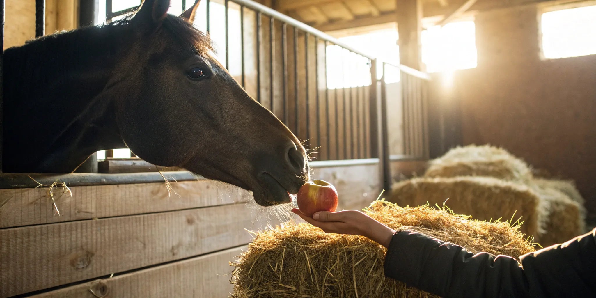 A horse eating an apple, a flavor that makes horse wormer more palatable.