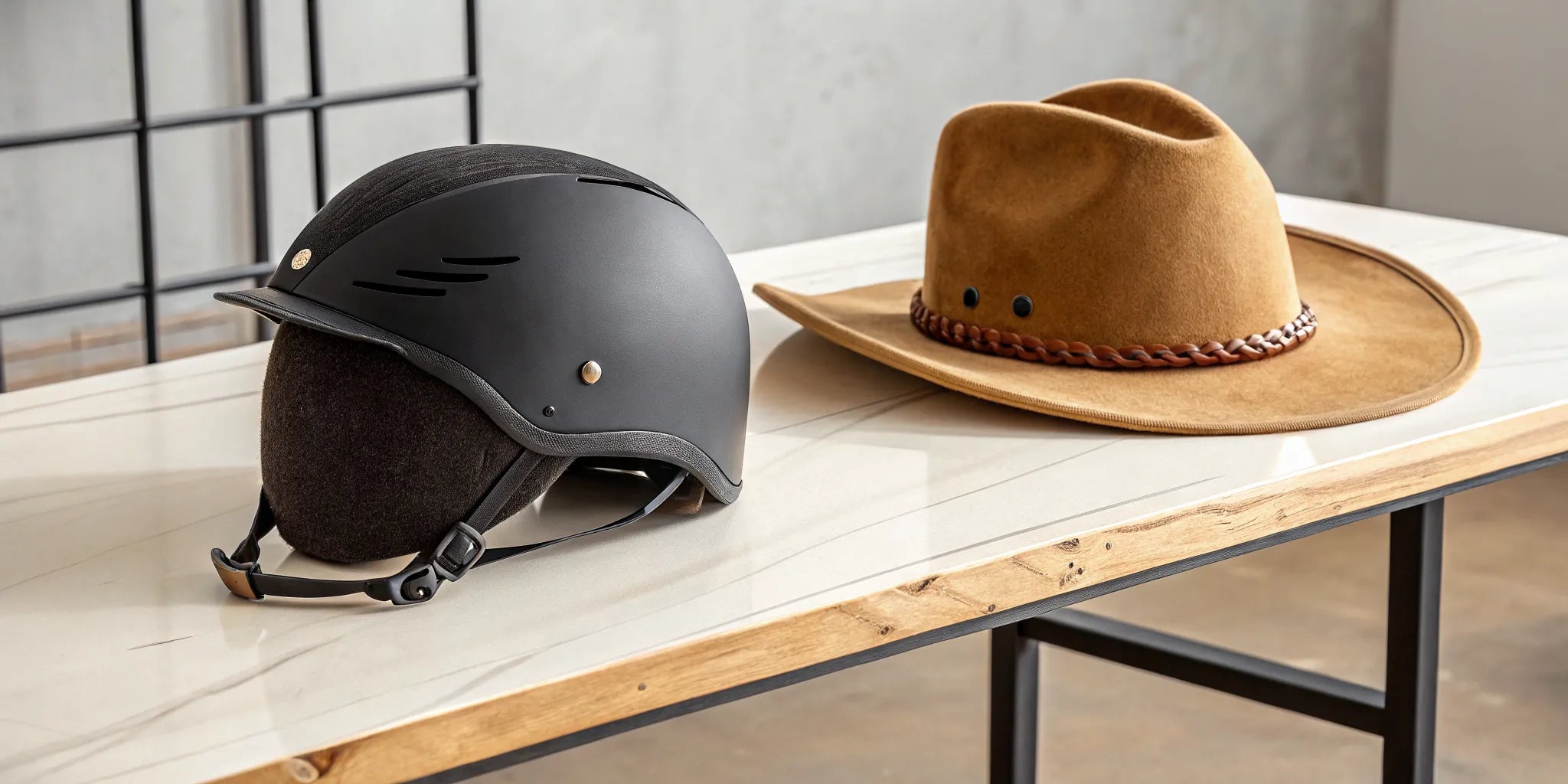 A western riding helmet and cowboy hat, a choice for required safety in western riding.