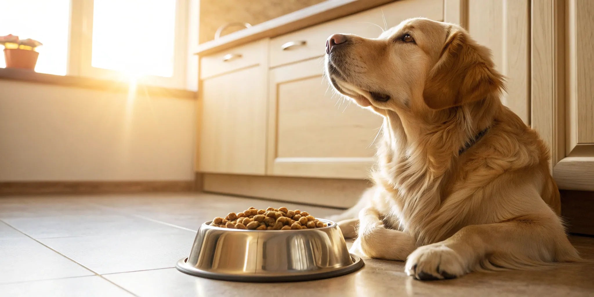 A golden retriever eats a bowl of Authority Digestive Support dog food.