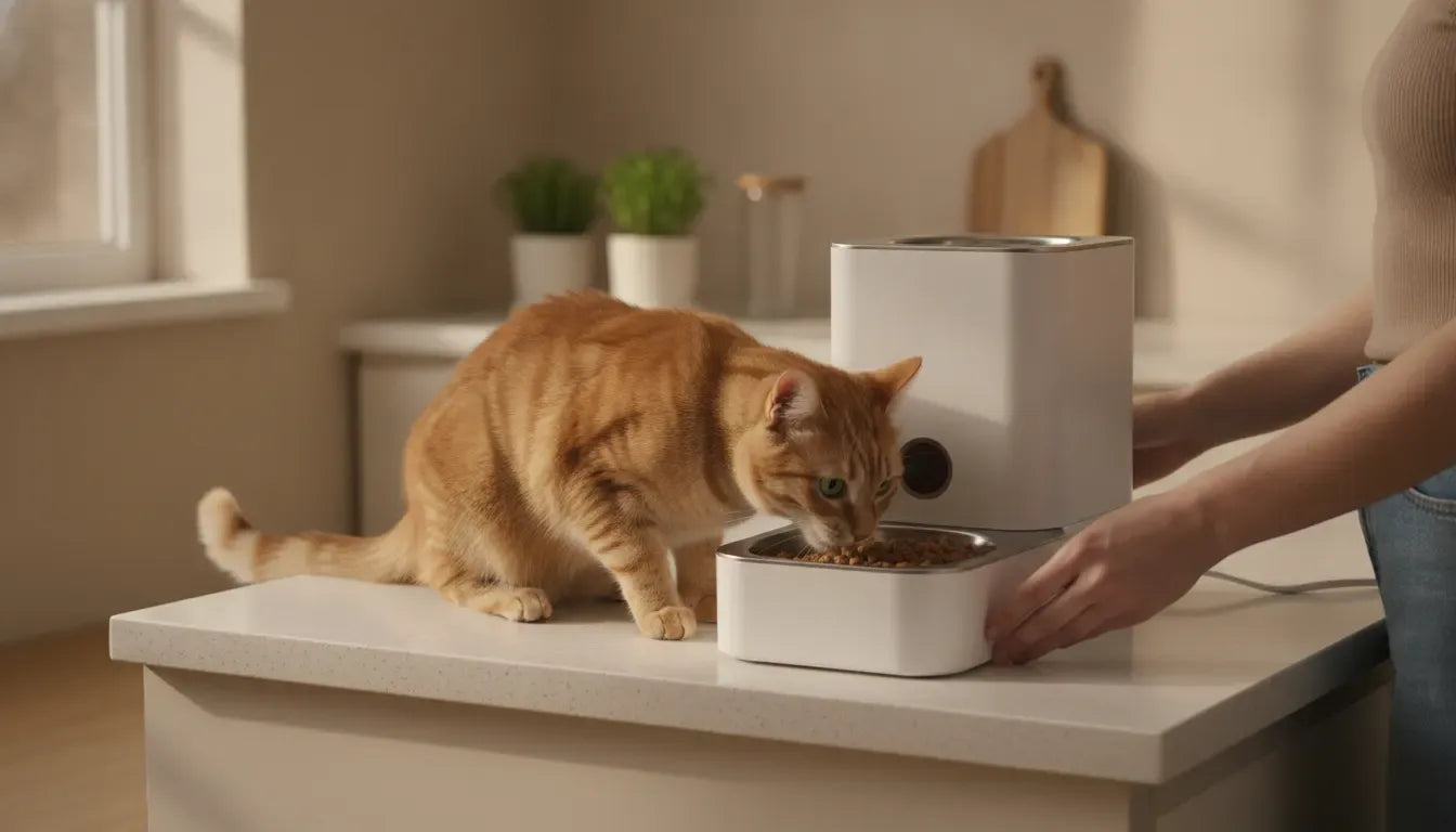 Cat eating measured food from an automatic cat feeder while an owner checks the bowl
