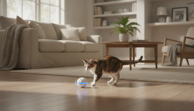 Cat playing with an automatic toy in a safe home setting
