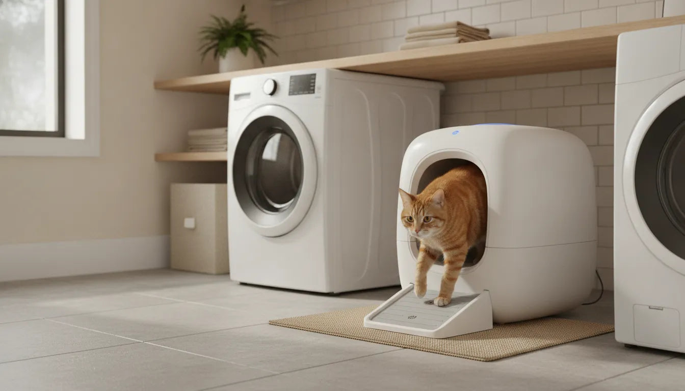 Relaxed tabby cat stepping out of an automatic litter box in a bright home
