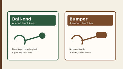 Side-by-side comparison of a ball-end spur with a small blunt knob and a bumper spur with a smooth blunt bar