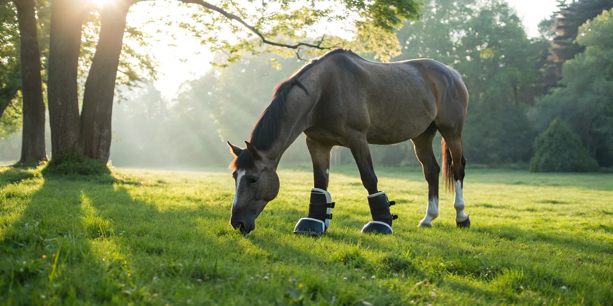 Horse in a pasture wearing protective bell boots for turnout.