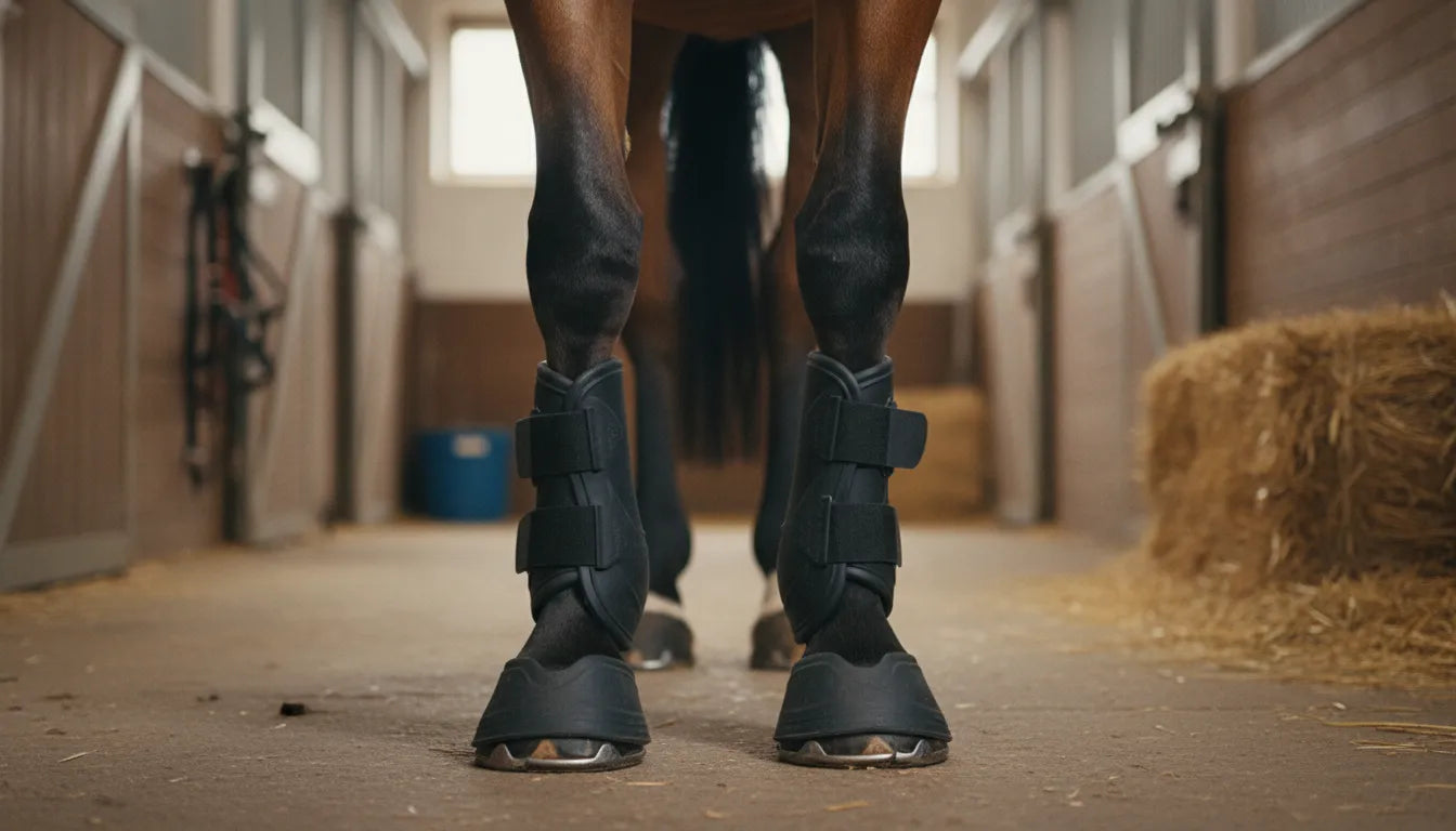 Protective bell boots on a horse's front hooves in a stable